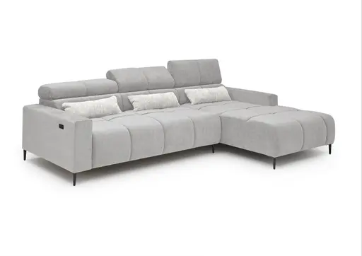 Ecksofa - 2-Sitzer mit Longchair rechts, Sitztiefe verstellbar motorisch/Kopfteil verstellbar, Stoff, Silbergrau