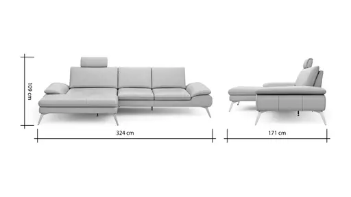 Ecksofa Collina - Longchair links, 2,5-Sitzer, inklusive Kopfstütze, Leder, Ecru