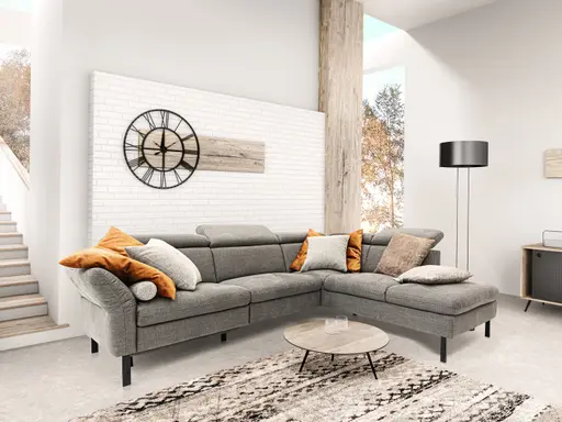 Ecksofa - 2,5-Sitzer mit  Ecke rechts, Kopfstütze/Armlehne verstellbar (manuell), Webstoff, Dunkelgrau