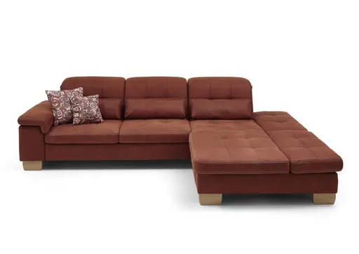 Ecksofa - 3-Sitzer mit Longchair rechts, inkl. Kopfteil/Armlehne verstellbar, Stoff, Rubin