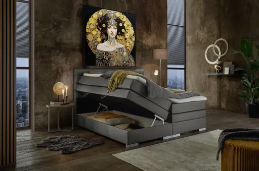 Boxspringbett SANDRIN E- Liegefläche ca. 180x200 cm, Stoff, Taupe, inkl. Stauraum