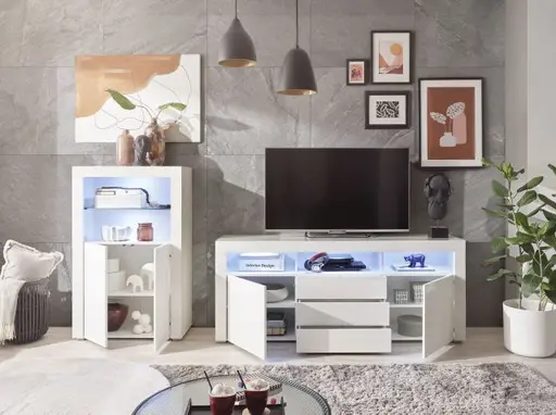 Highboard- Weiß, Weiß, Hochglanz, 