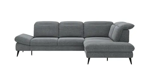 Ecksofa Alegria - 2,5-Sitzer mit Ecke rechts inkl. Schlaffunktion und Kopfteil/ Armteil/ Sitztiefe verstellbar, Stoff, Graublau