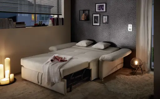Sofa JORDEN - 1,5-Sitzer inkl. Schlaffunktion mit Bettkasten, verstellbare Armlehnen, Stoff, Beige