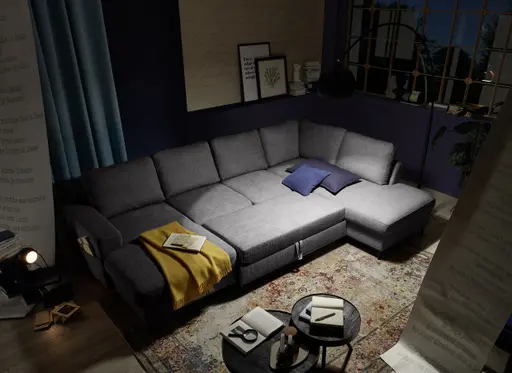 Wohnlandschaft - Longchair links mit 2-Sitzer und Ecke rechts, Stoff, Anthrazit