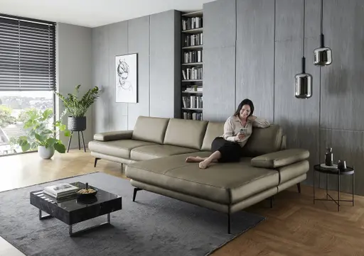 Ecksofa - 3-Sitzer mit Longchair rechts, Leder, Dunkelgrün