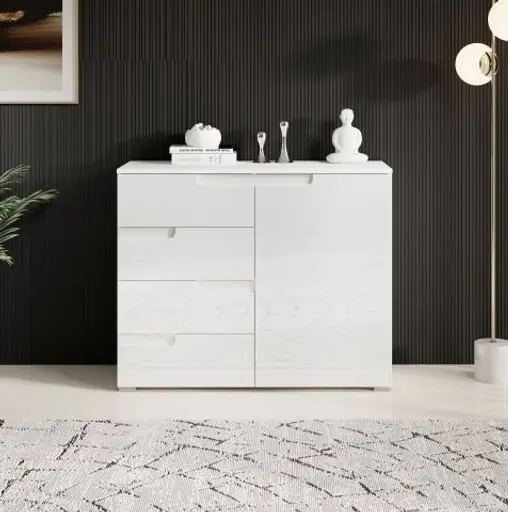 Kommode - B ca. 100 cm, Weiß, Weiß Hochglanz