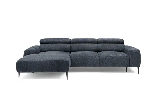 Ecksofa - Longchair links mit 2-Sitzer, Sitzvorzug motorisch, Kopfteil verstellbar, Stoff, Blau