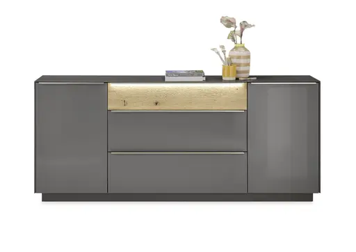 Sideboard - mit Beleuchtung, B ca. 214 cm, Anthrazit, Eiche massiv