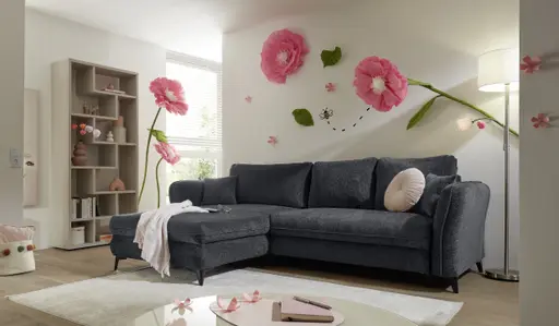 Ecksofa - Longchair links mit 2-Sitzer, Schlaffunktion mit Bettkasten, Stoff, Schwarz