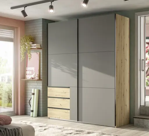 Schwebetürenschrank- B ca. 200 cm, Eiche Dekor, Graphit