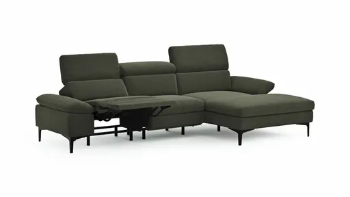 Ecksofa Felipa - 2,5-Sitzer mit Longchair rechts inkl. Armlehne verstellbar und Rückenlehne/Sitztiefe verstellbar (motorisch), Stoff, Dunkelgrün