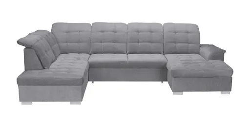 Wohnlandschaft - Ecke links, 2-Sitzer, Longchair rechts inkl. Schlaffunktion und Bettkasten, verstellbare Kopfstützen, Stoff, Grau