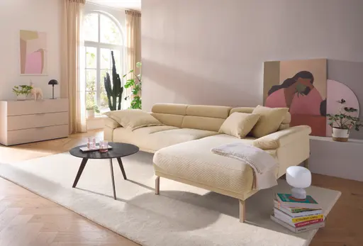 Ecksofa Bolonia - 2-Sitzer mit Longchair rechts inkl. Rückenlehne- und Kopfteilverstellung, Stoff, Cappuccino