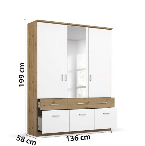 Drehtürenschrank ROYAN- B ca. 136 cm, Eiche Dekor, Weiß