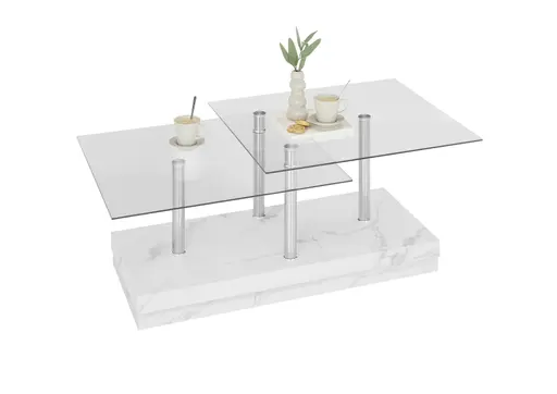 Couchtisch - LB ca. 110x60 cm, Glas, Edelstahloptik, Weiß marmoriert