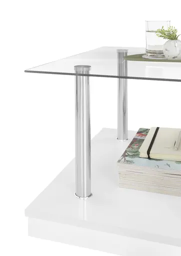 Couchtisch - LB ca. 110x60 cm, Glas, Edelstahloptik, Weiß Hochglanz