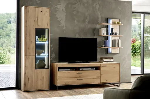 Wohnwand - mit Beleuchtung, Eiche teilmassiv