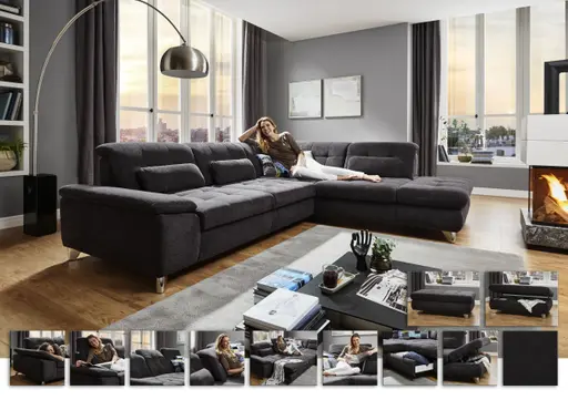 Ecksofa - 3-Sitzer mit Ecke rechts, Sitztiefe verstellbar, Stoff, Schwarz