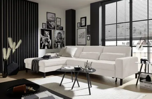 Ecksofa CALM MOVE 2.0 - Longchair links mit 2,5-Sitzer, Schlaffunktion, Feincord, Weiß