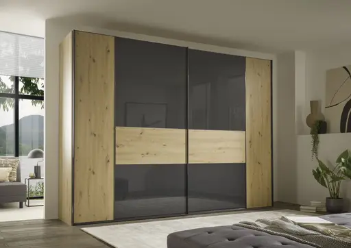 Schwebetürenschrank - mittig Anthrazitglas, B. ca. 298 cm, Dekor Artisan Eiche