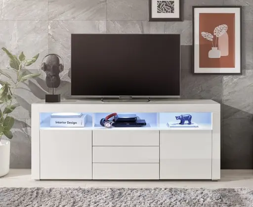 Sideboard- Weiß, Weiß, Hochglanz, 