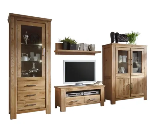 Wohnwand - mit Beleuchtung, Wildeiche teilmassiv