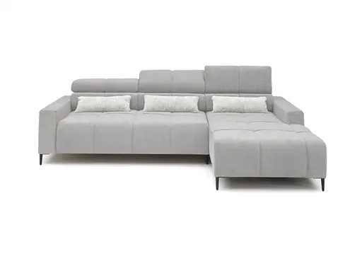 Ecksofa - 2-Sitzer mit Longchair rechts, Sitztiefe verstellbar motorisch/Kopfteil verstellbar, Stoff, Silbergrau