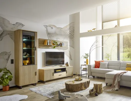 Highboard- Eiche furniert, Schwarz, Glas