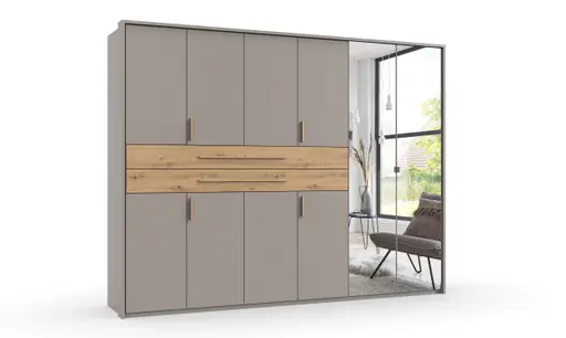 Drehtürenschrank- B ca. 270 cm, Saharagrau, Eiche Dekor, Spiegel