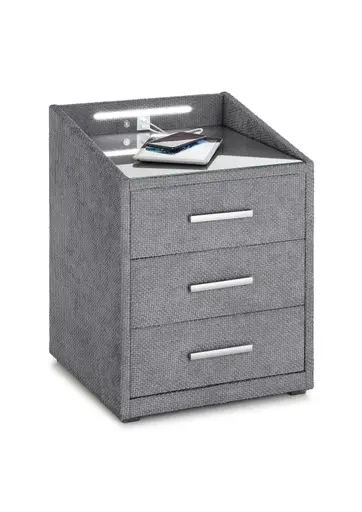 Nachttisch- Grau, mit Glasplatte, inkl. Beleuchtung