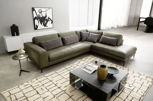 Ecksofa Solano - 2,5-Sitzer mit Ecke Rechts, Leder, Olive