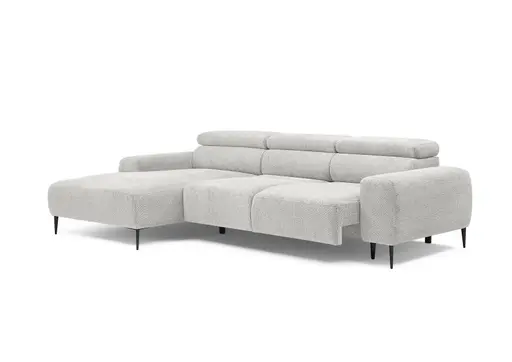 Ecksofa - Longchair links mit 2-Sitzer, Sitzvorzug motorisch, Kopfteil verstellbar, Stoff, Creme
