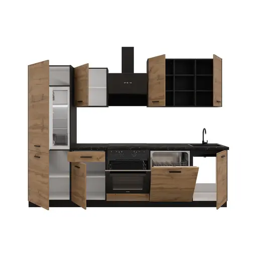 Küchenblock- ohne E-Geräte, B ca. 280 cm, Schwarz, Eiche Dekor