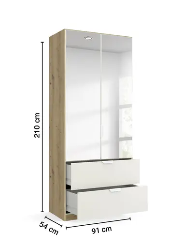 Drehtürenschrank ROMAN SPIN- B ca. 91 cm, Eiche Dekor, Weiß, Spiegel