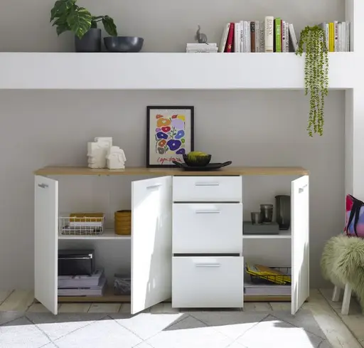 Kommode - B ca. 180 cm, Weiß, Artisan Eiche Nachbildung