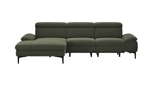 Ecksofa Felipa - Longchair links mit 2,5-Sitzer inkl. Armlehne verstellbar und Rückenlehne/Sitztiefe verstellbar (motorisch), Stoff, Dunkelgrün