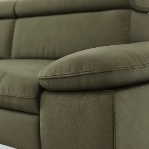 Ecksofa Felipa - Longchair links mit 2,5-Sitzer inkl. Kopfteil verstellbar, Leder, Olive