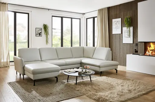 Wohnlandschaft - Longchair links mit 2,5-Sitzer und Ecke rechts, Leder, Silbergrau