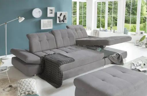 Polsterecke -  Schlaffunktion mit Bettkasten (manuell), 2-Sitzer, Ecke rechts, Grau, Webstoff