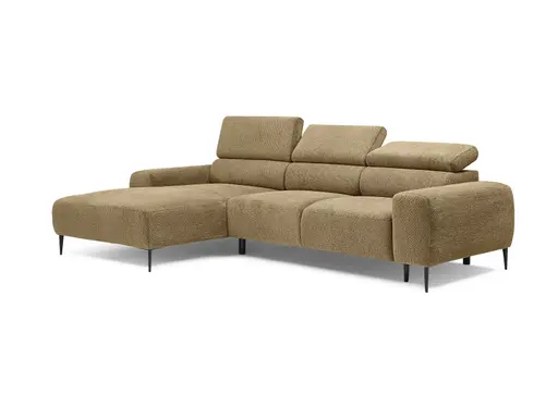 Ecksofa - Longchair links mit 2-Sitzer, Sitzvorzug motorisch, Kopfteil verstellbar, Stoff, Senfgelb