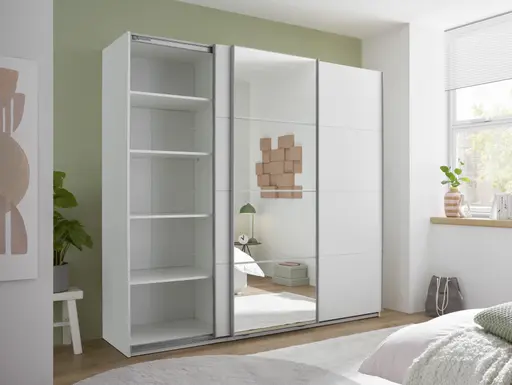 Schwebetürenschrank- B ca. 215 cm, Weiß, Spiegel