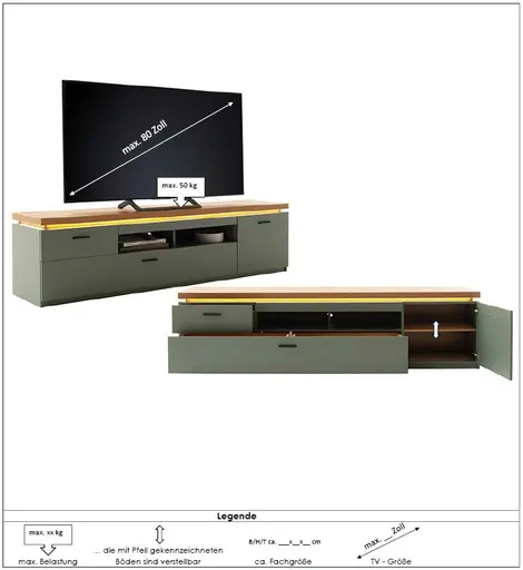 TV-Lowboard - mit Beleuchtung, B ca. 195 cm, Salbeigrün, Eiche Evoke Nachbildung