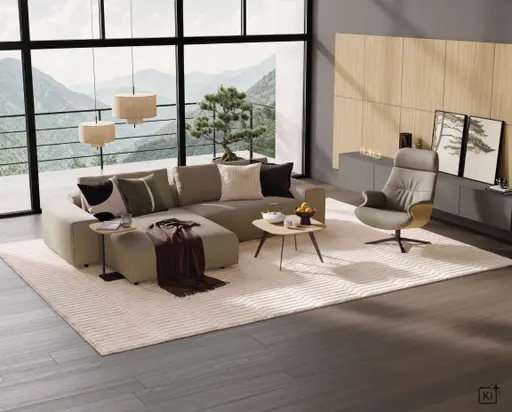 Relaxsessel Avina - Drehbar inkl. Rücken und Kopfteilverstellung, Leder, Taupe, Holzschale Eiche unbehandelt