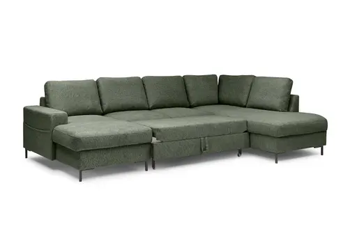 Wohnlandschaft - Longchair links mit 2-Sitzer und Ecke rechts, Stoff, Dunkelgrün