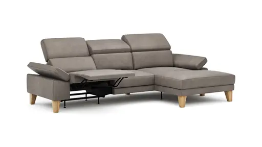 Ecksofa Hudson - 2,5-Sitzer mit Longchair rechts, inkl. Kopfteil/Armlehne verstellbar und Relaxfunktion (motorisch), Stoff, Steingrau