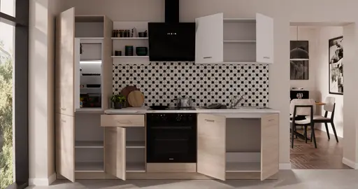 Küchenblock- ohne E-Geräte, B ca. 270 cm, Eiche Dekor, Weiß, Matt