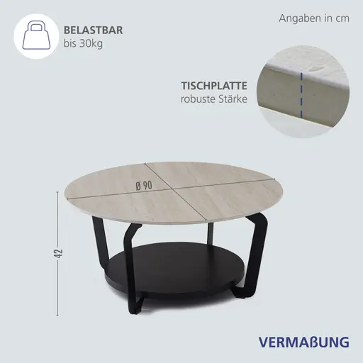 Couchtisch - Ø/H ca. 90x42 cm, Travertinoptik, Schwarz