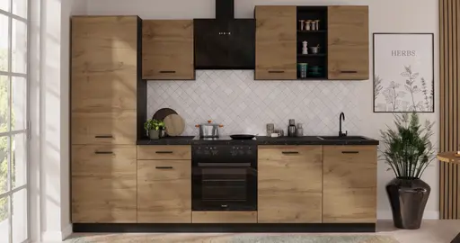 Küchenblock- ohne E-Geräte, B ca. 280 cm, Schwarz, Eiche Dekor