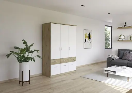 Drehtürenschrank ROYAN- B ca. 136 cm, Eiche Dekor, Weiß